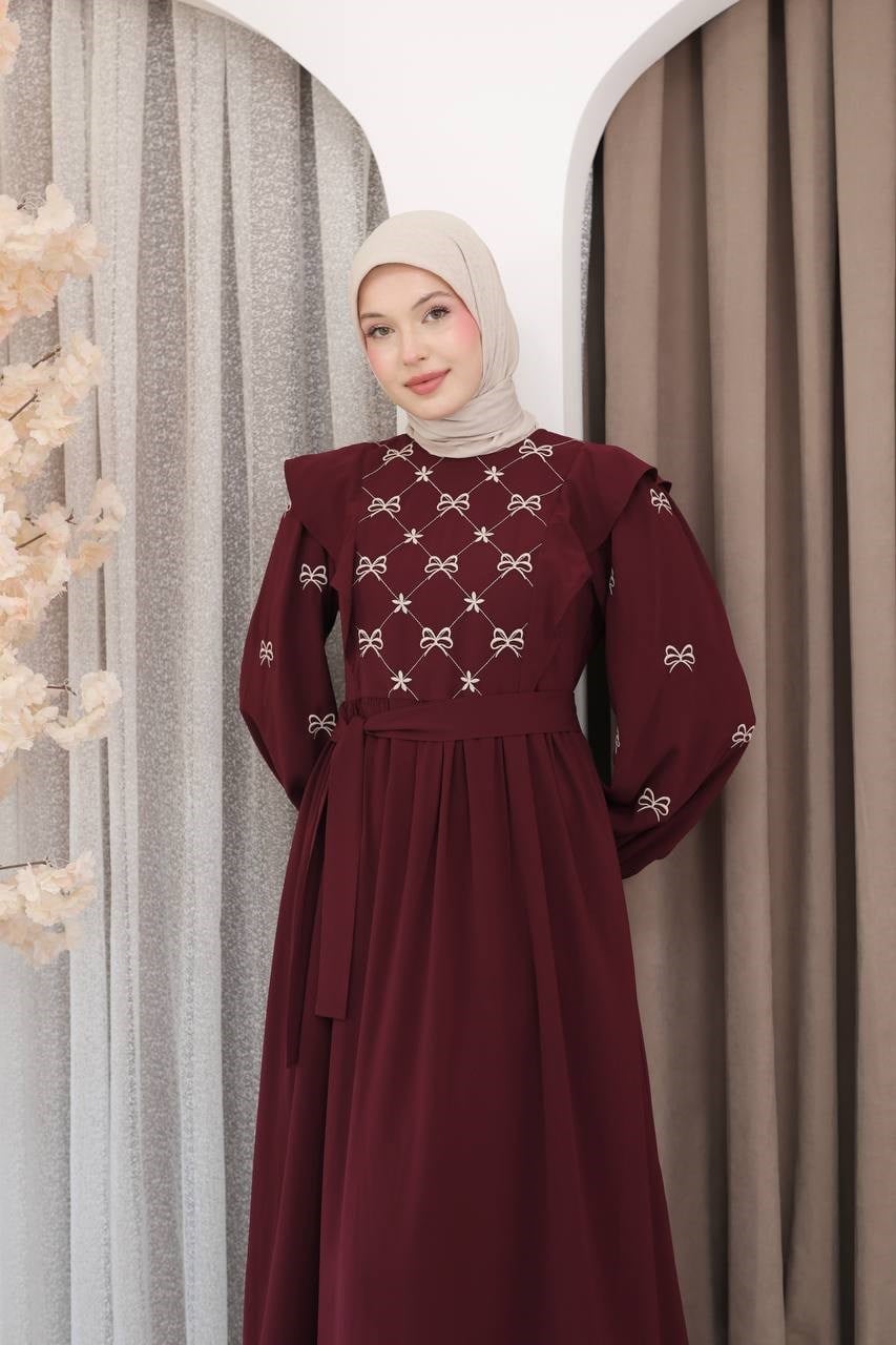 7171 Fiyonk Nakışlı Elbise - Bordo 