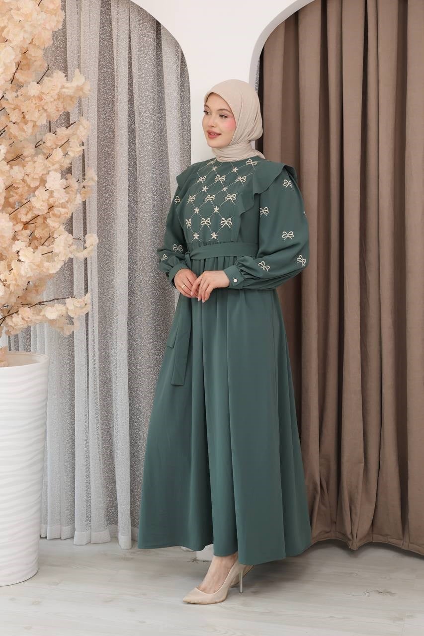 7171 Fiyonk Nakışlı Elbise - Mint Yeşili