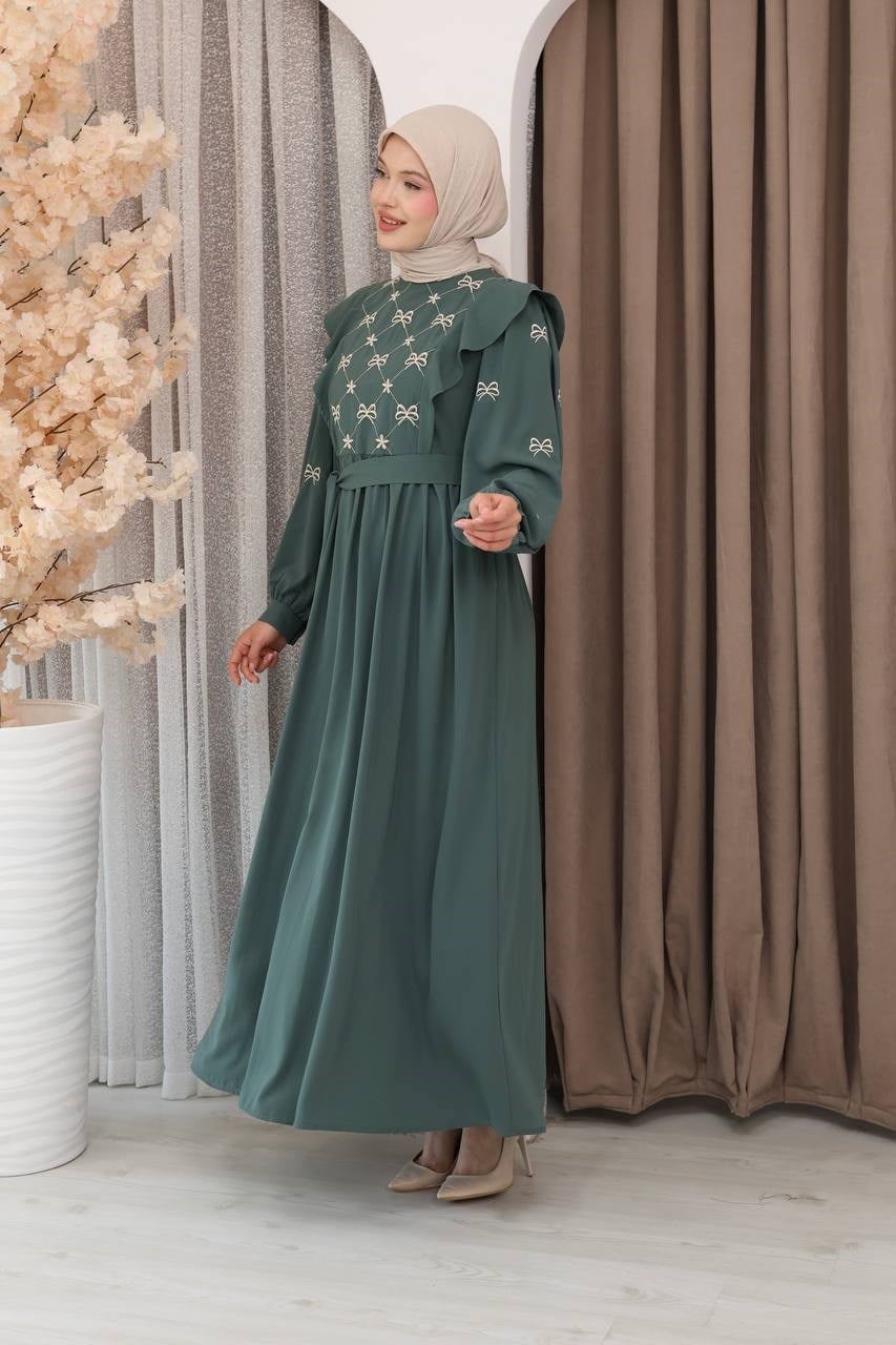 7171 Fiyonk Nakışlı Elbise - Mint Yeşili