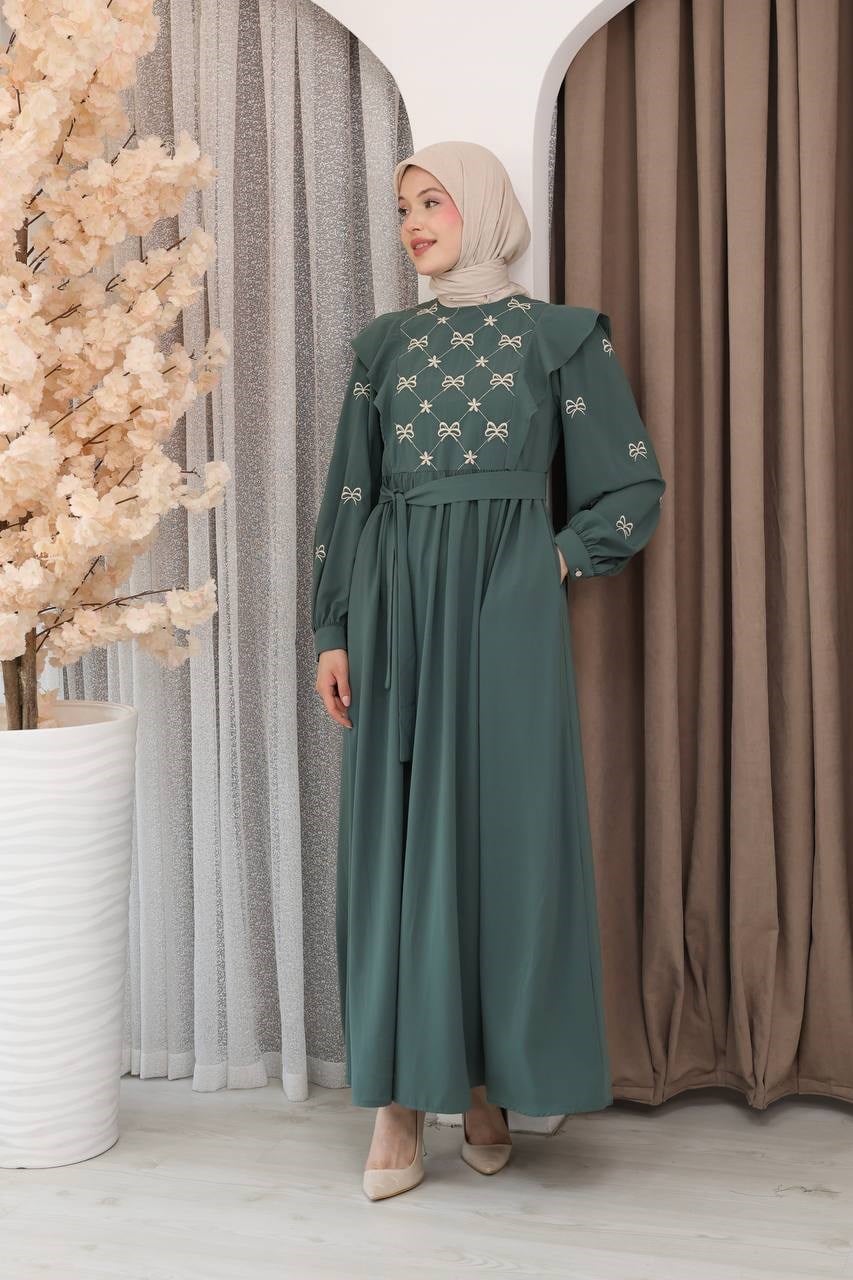 7171 Fiyonk Nakışlı Elbise - Mint Yeşili