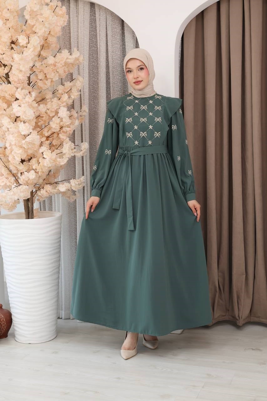 7171 Fiyonk Nakışlı Elbise - Mint Yeşili