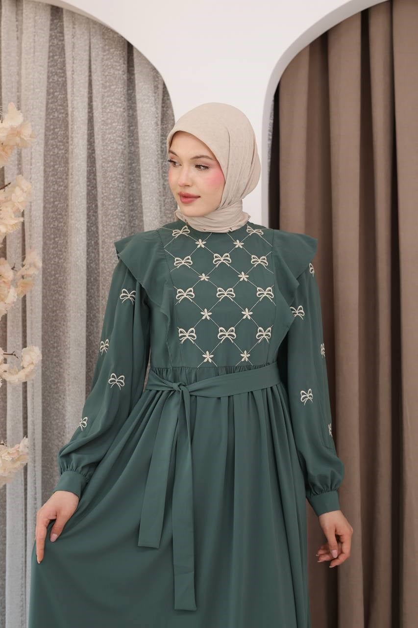 7171 Fiyonk Nakışlı Elbise - Mint Yeşili