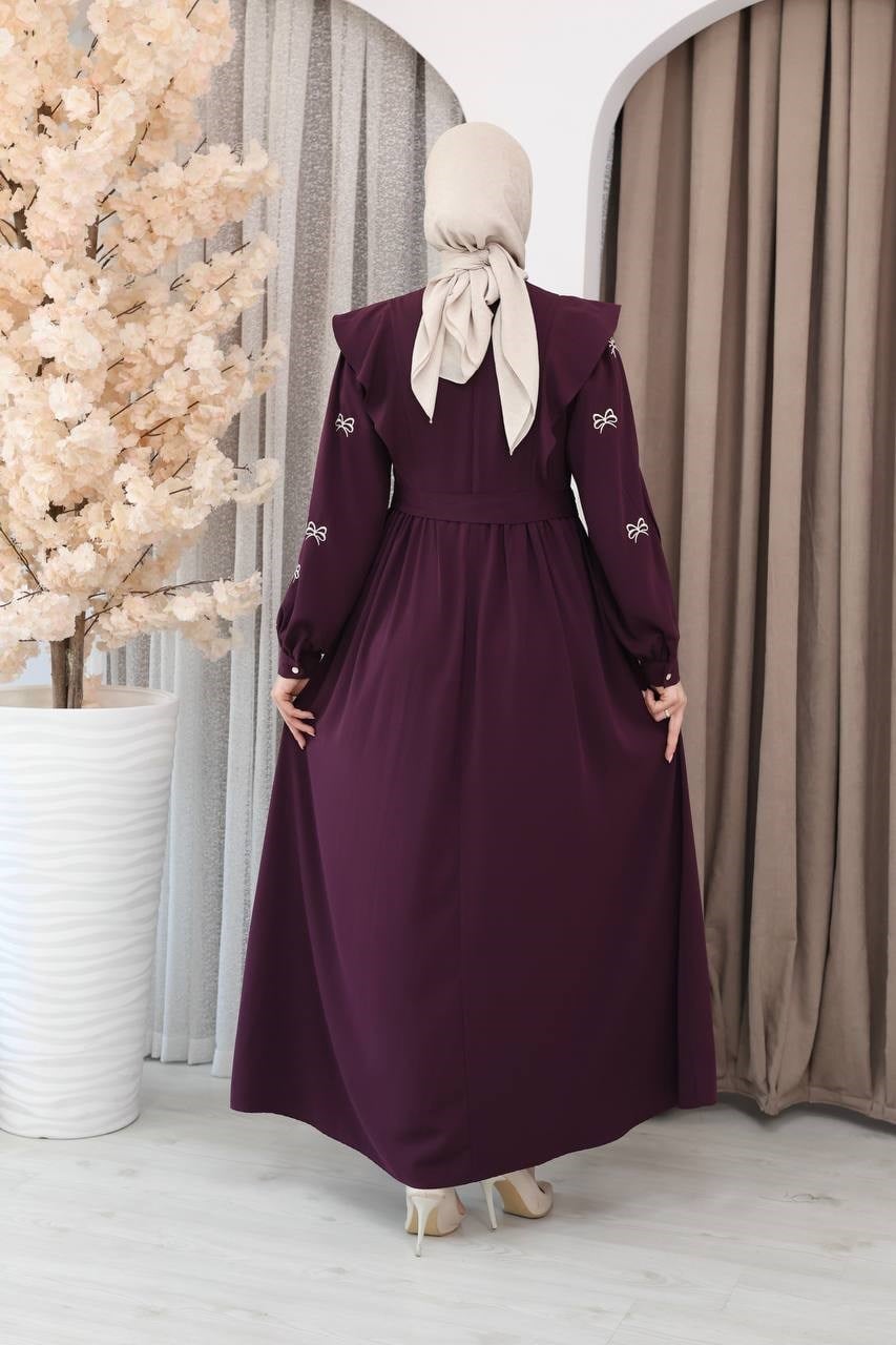 7171 Fiyonk Nakışlı Elbise - Mürdüm
