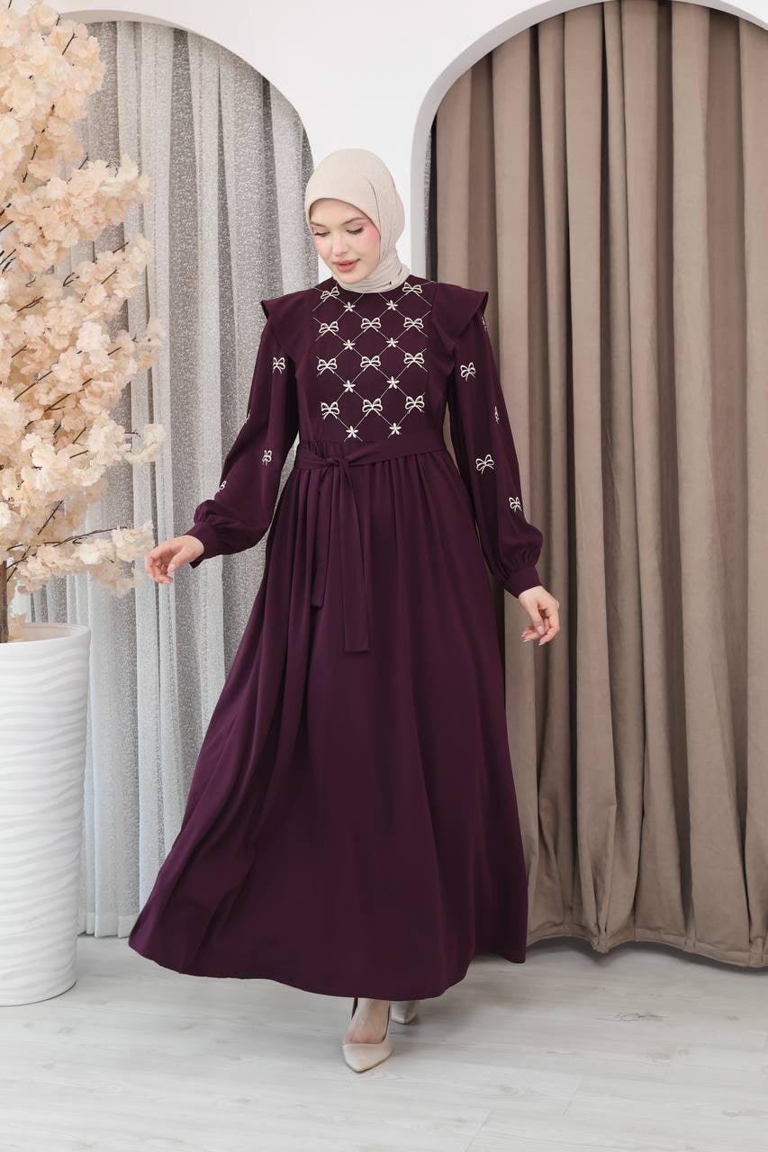 7171 Fiyonk Nakışlı Elbise - Mürdüm