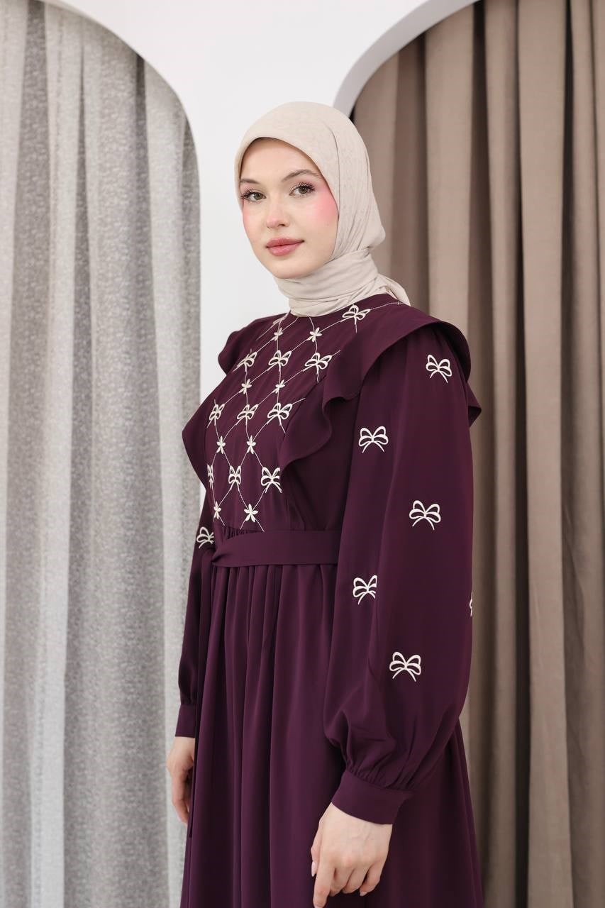7171 Fiyonk Nakışlı Elbise - Mürdüm