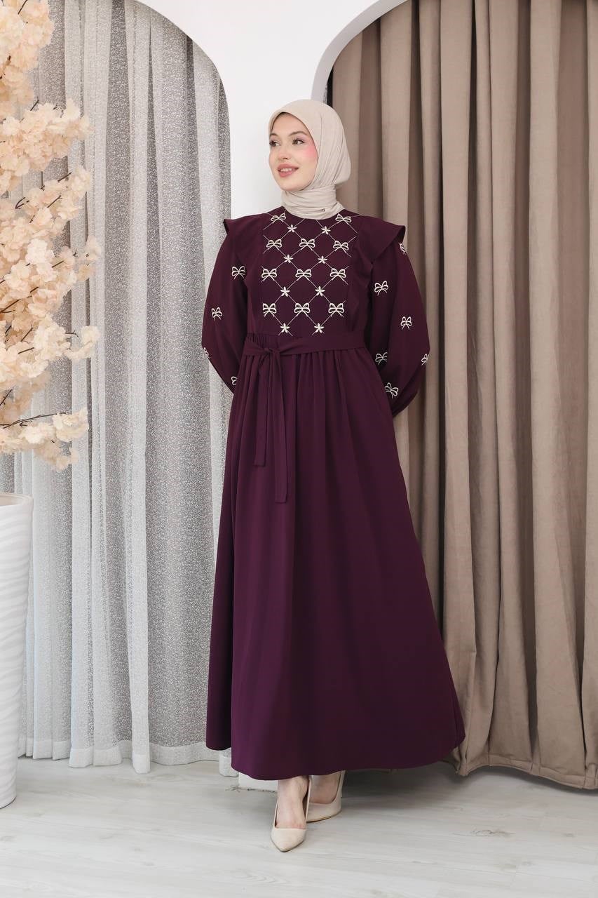 7171 Fiyonk Nakışlı Elbise - Mürdüm