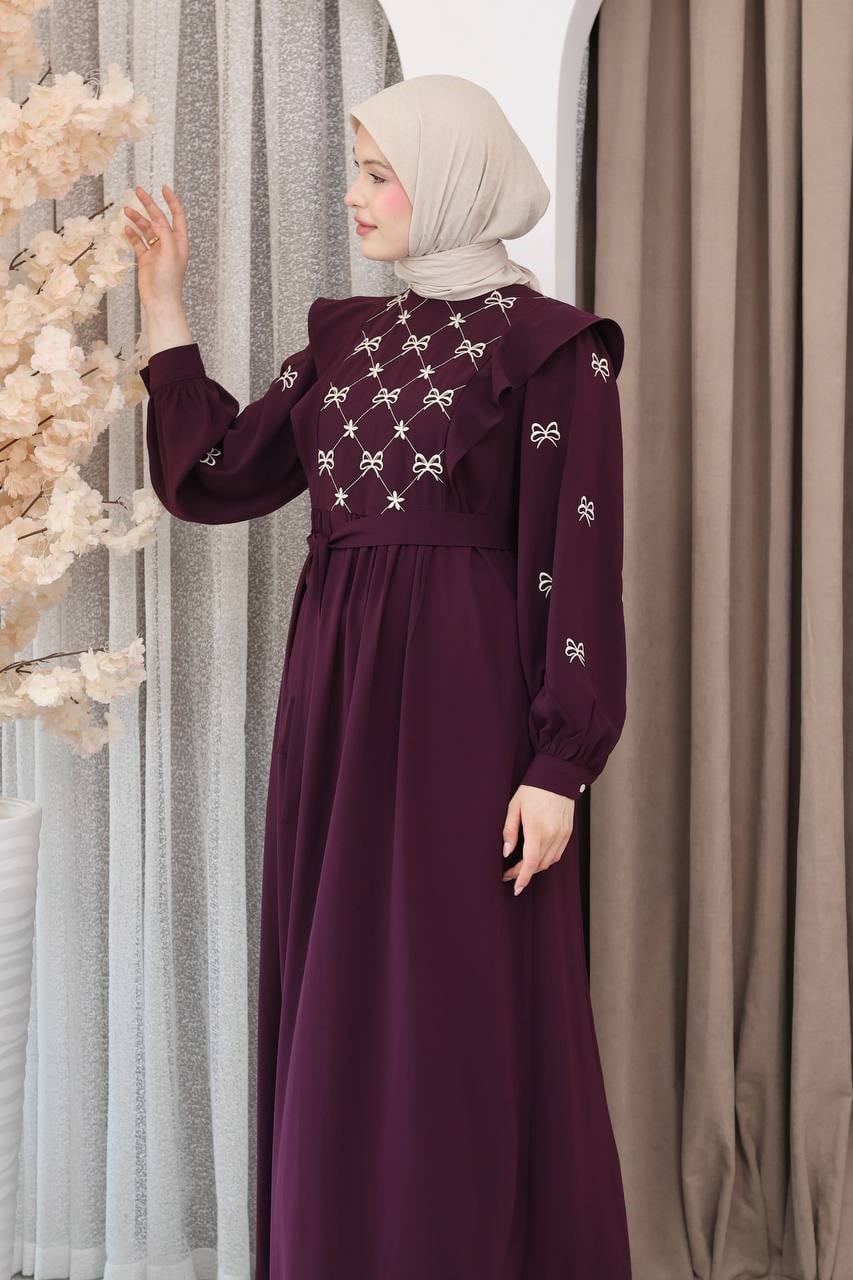 7171 Fiyonk Nakışlı Elbise - Mürdüm