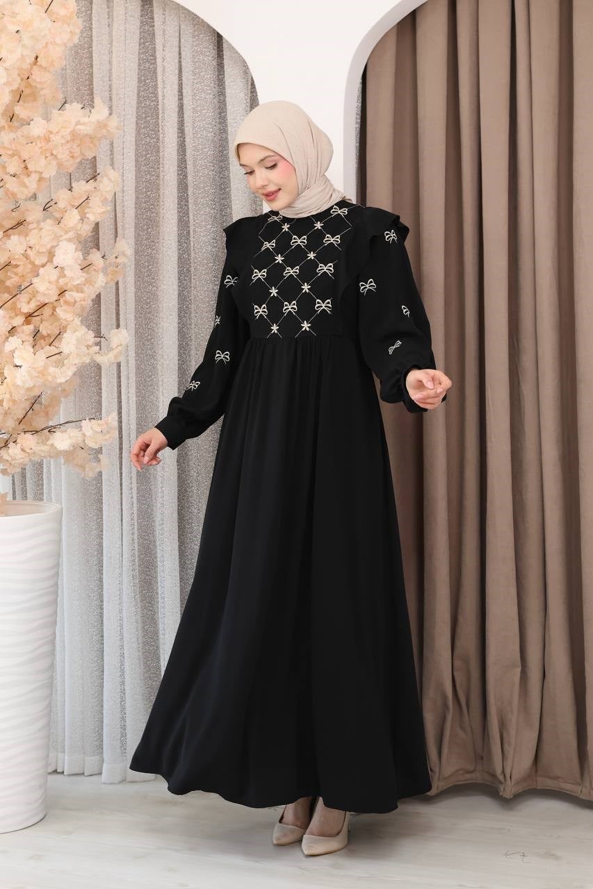 7171 Fiyonk Nakışlı Elbise - Siyah 