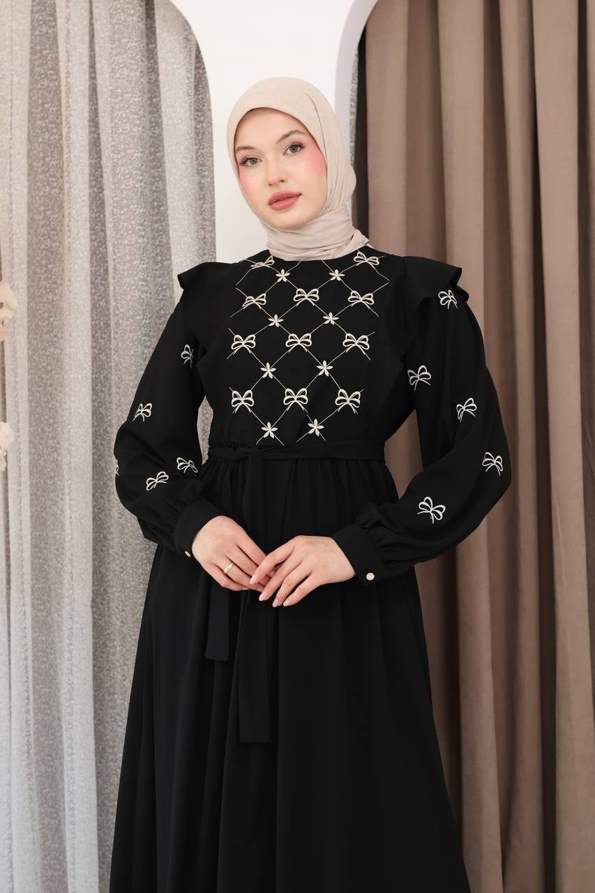 7171 Fiyonk Nakışlı Elbise - Siyah 