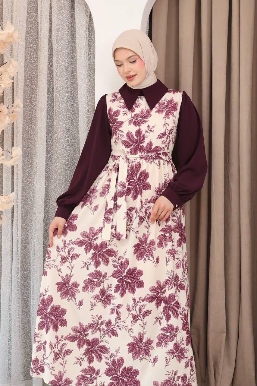 7175 Doğanın Güzelliği Elbise - Mürdüm