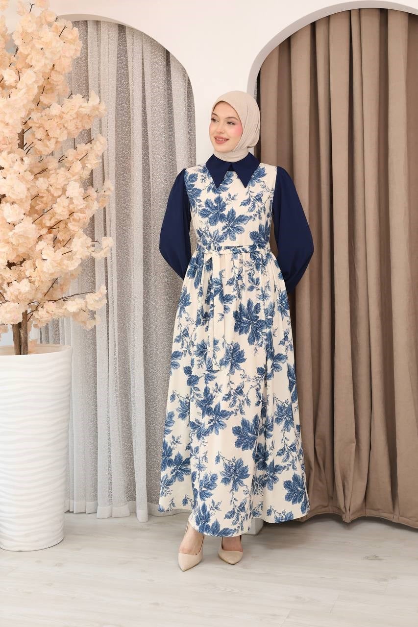 7175 Doğanın Güzelliği Elbise - Saks Mavisi