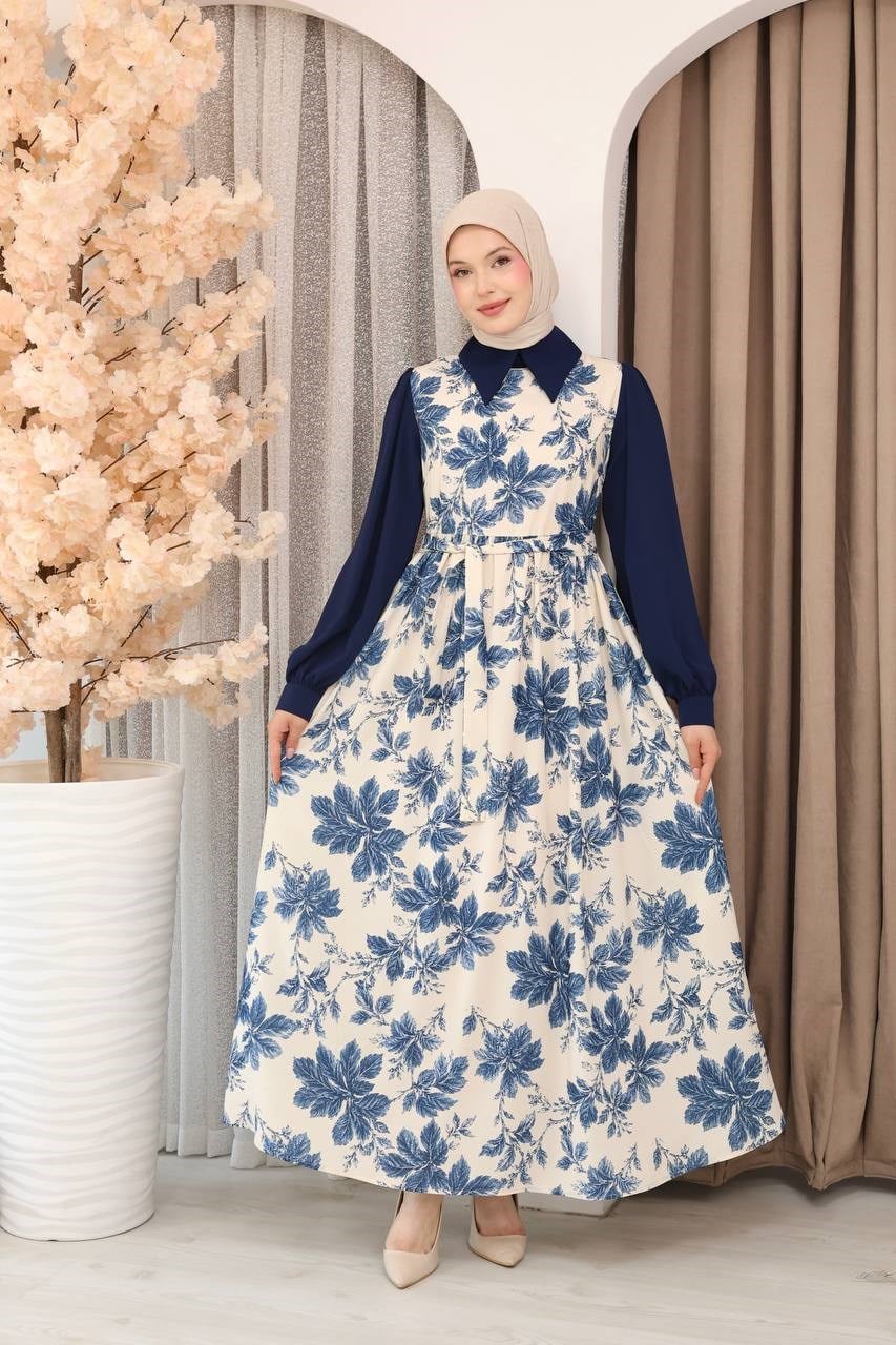 7175 Doğanın Güzelliği Elbise - Saks Mavisi