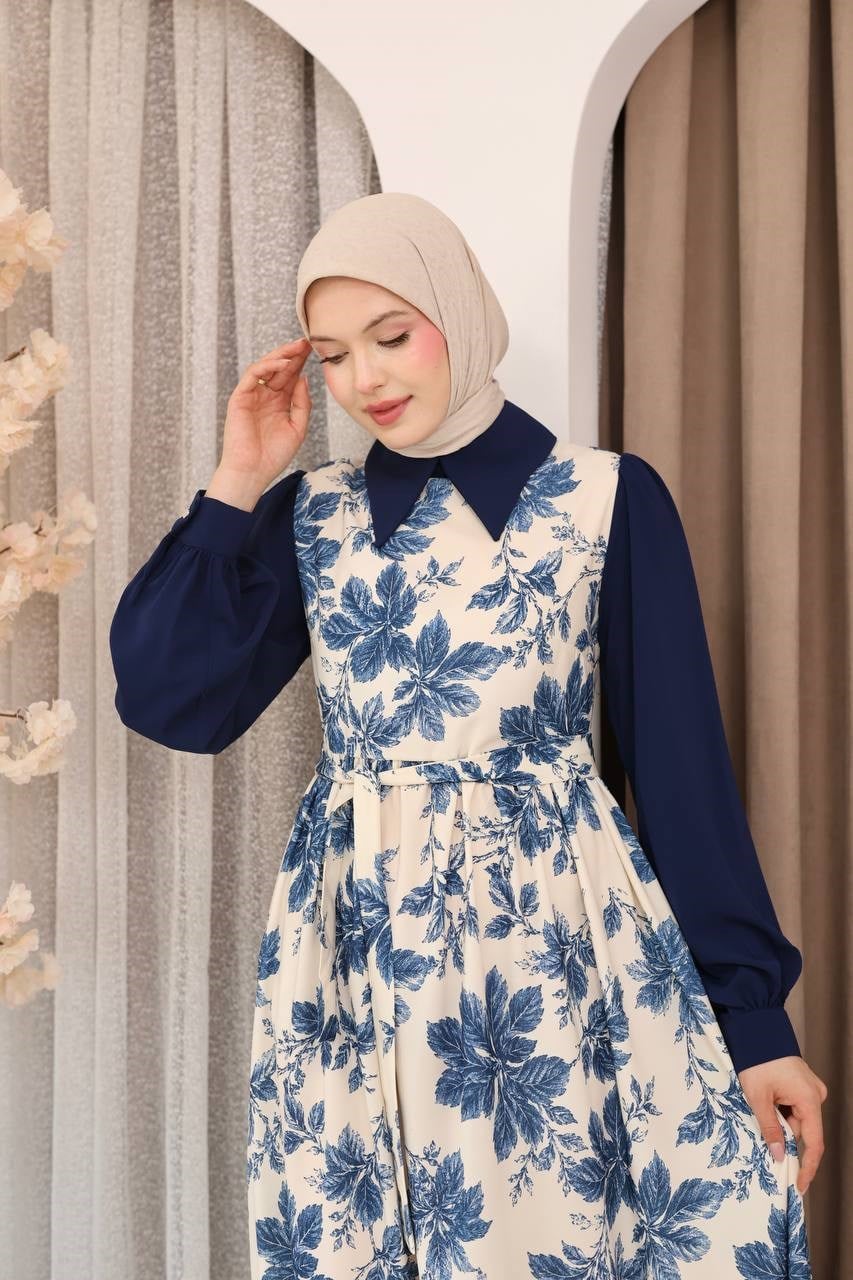7175 Doğanın Güzelliği Elbise - Saks Mavisi