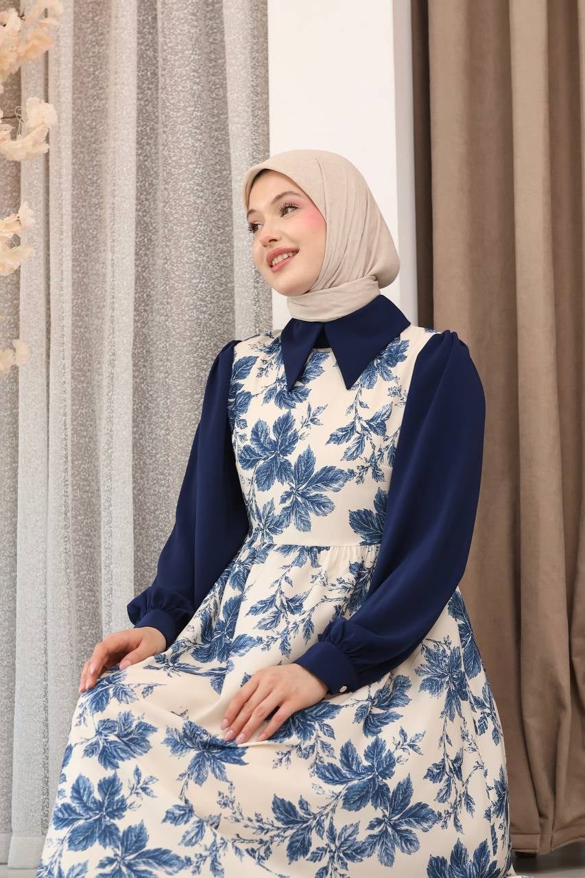 7175 Doğanın Güzelliği Elbise - Saks Mavisi