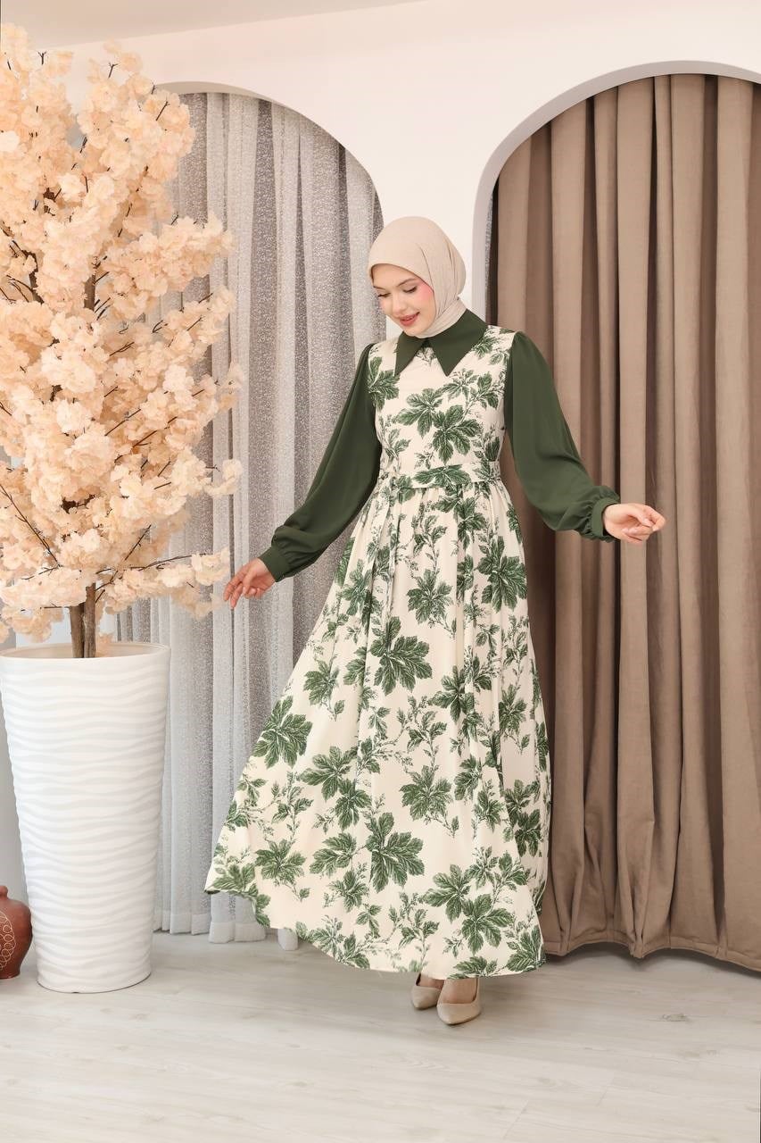 7175 Doğanın Güzelliği Elbise - Zeytin Yeşili