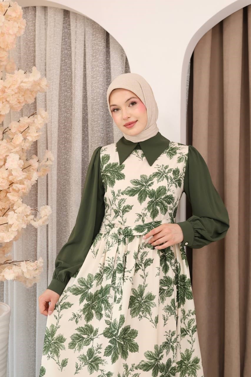 7175 Doğanın Güzelliği Elbise - Zeytin Yeşili