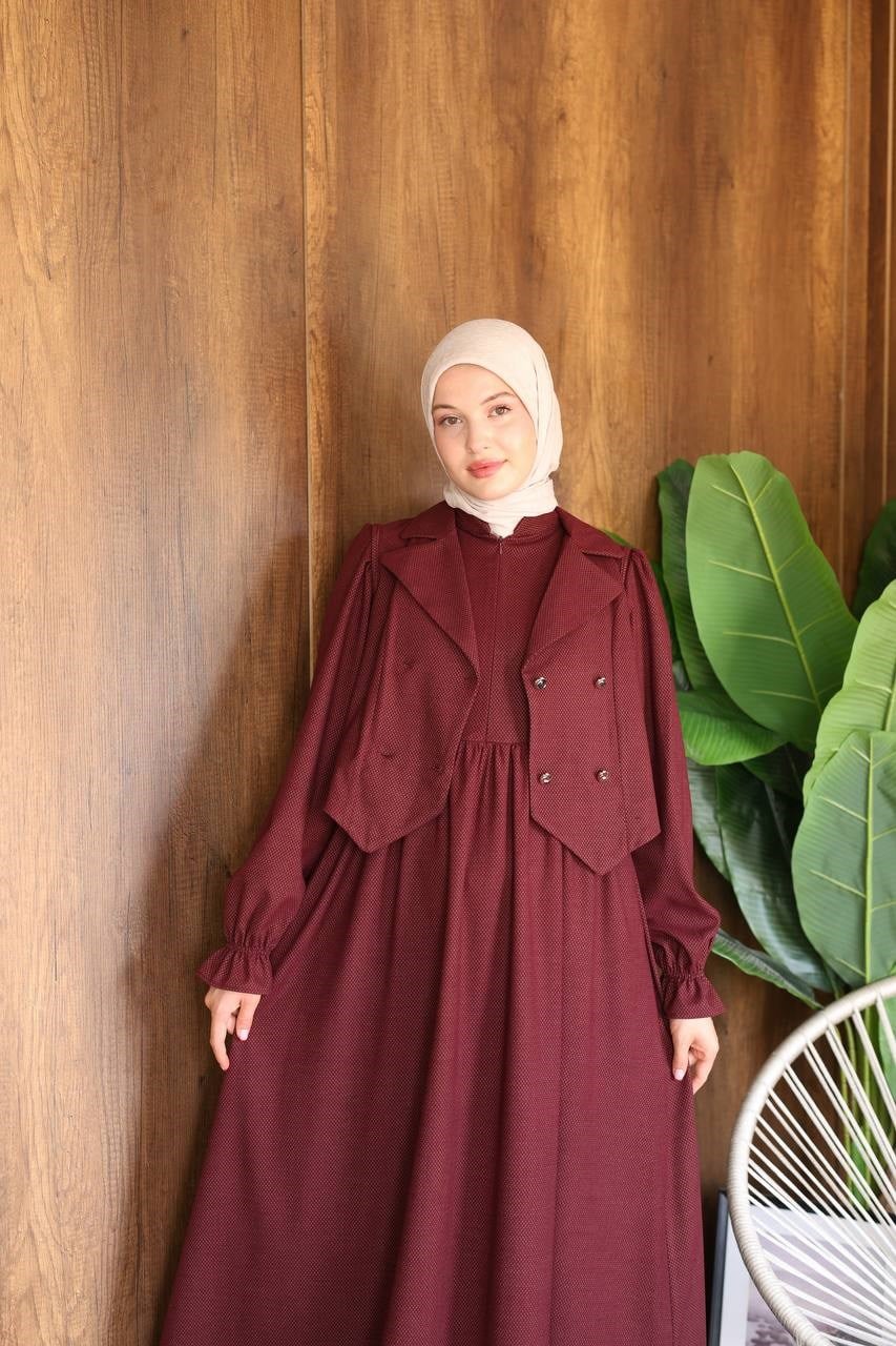 7183 Kruvaze Yelekli Elbise Takımı - Bordo 