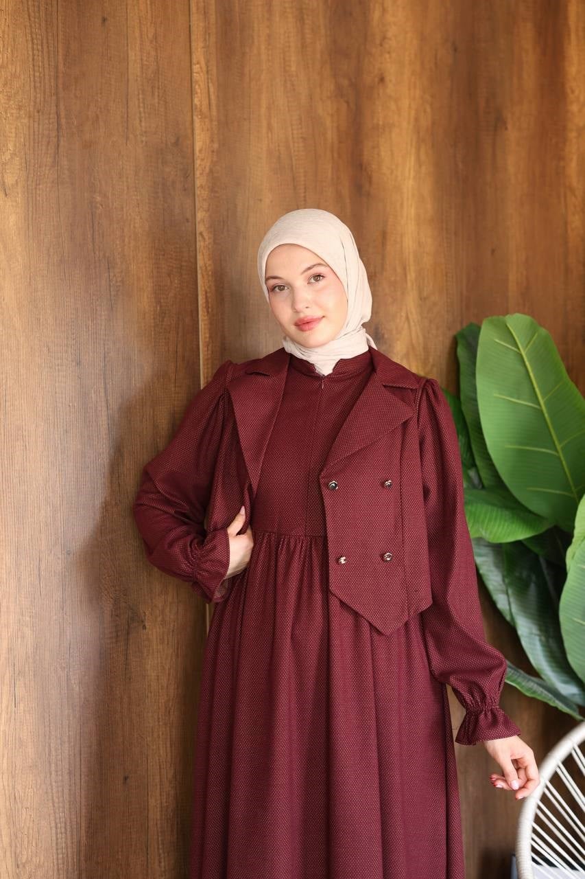 7183 Kruvaze Yelekli Elbise Takımı - Bordo 