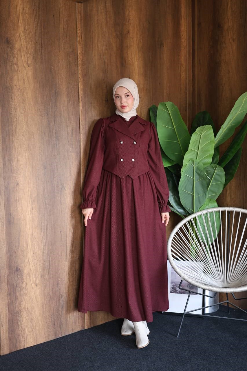 7183 Kruvaze Yelekli Elbise Takımı - Bordo 
