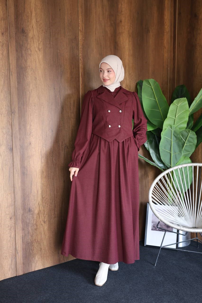 7183 Kruvaze Yelekli Elbise Takımı - Bordo 