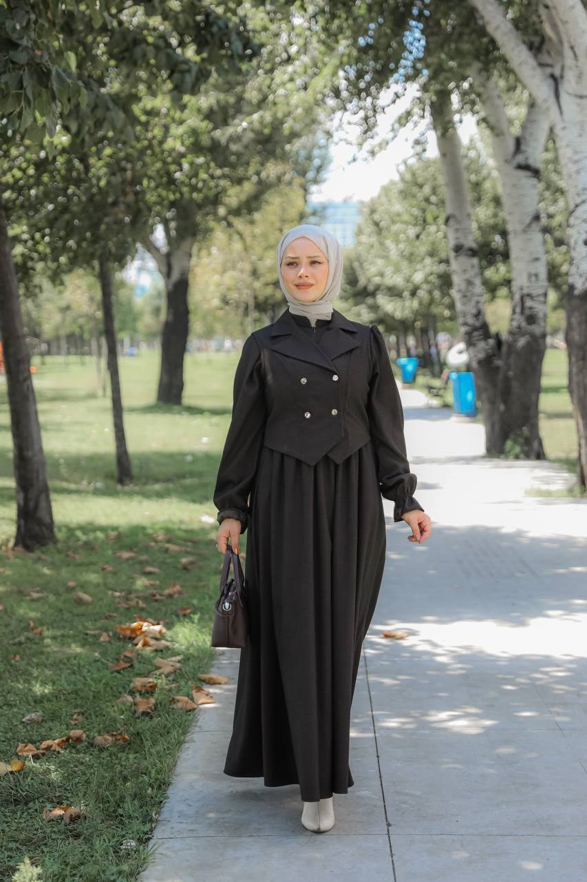 7183 Kruvaze Yelekli Elbise Takımı - Siyah 