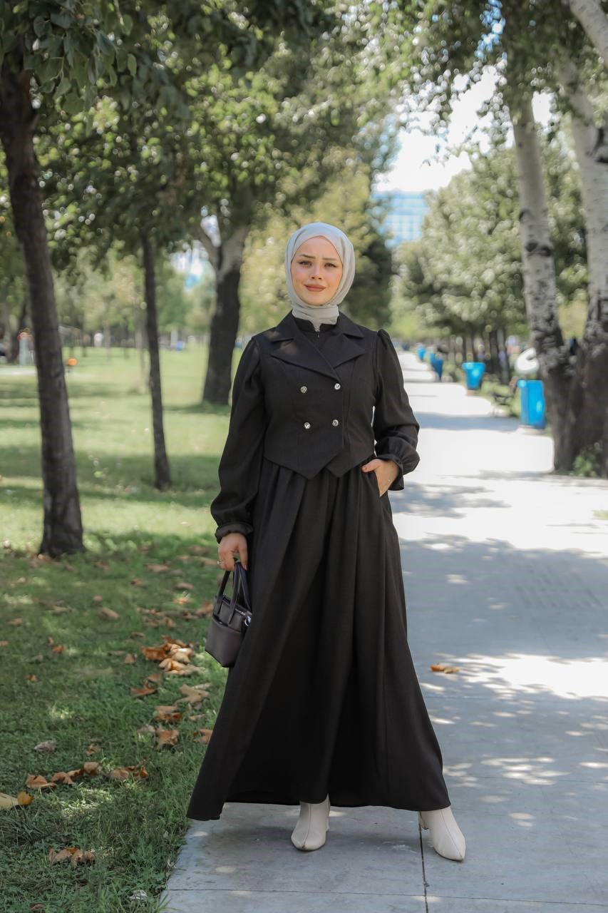 7183 Kruvaze Yelekli Elbise Takımı - Siyah 