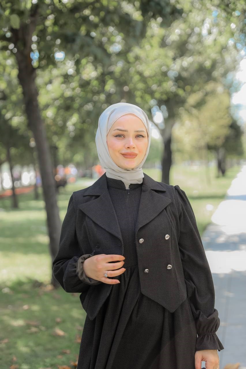7183 Kruvaze Yelekli Elbise Takımı - Siyah 