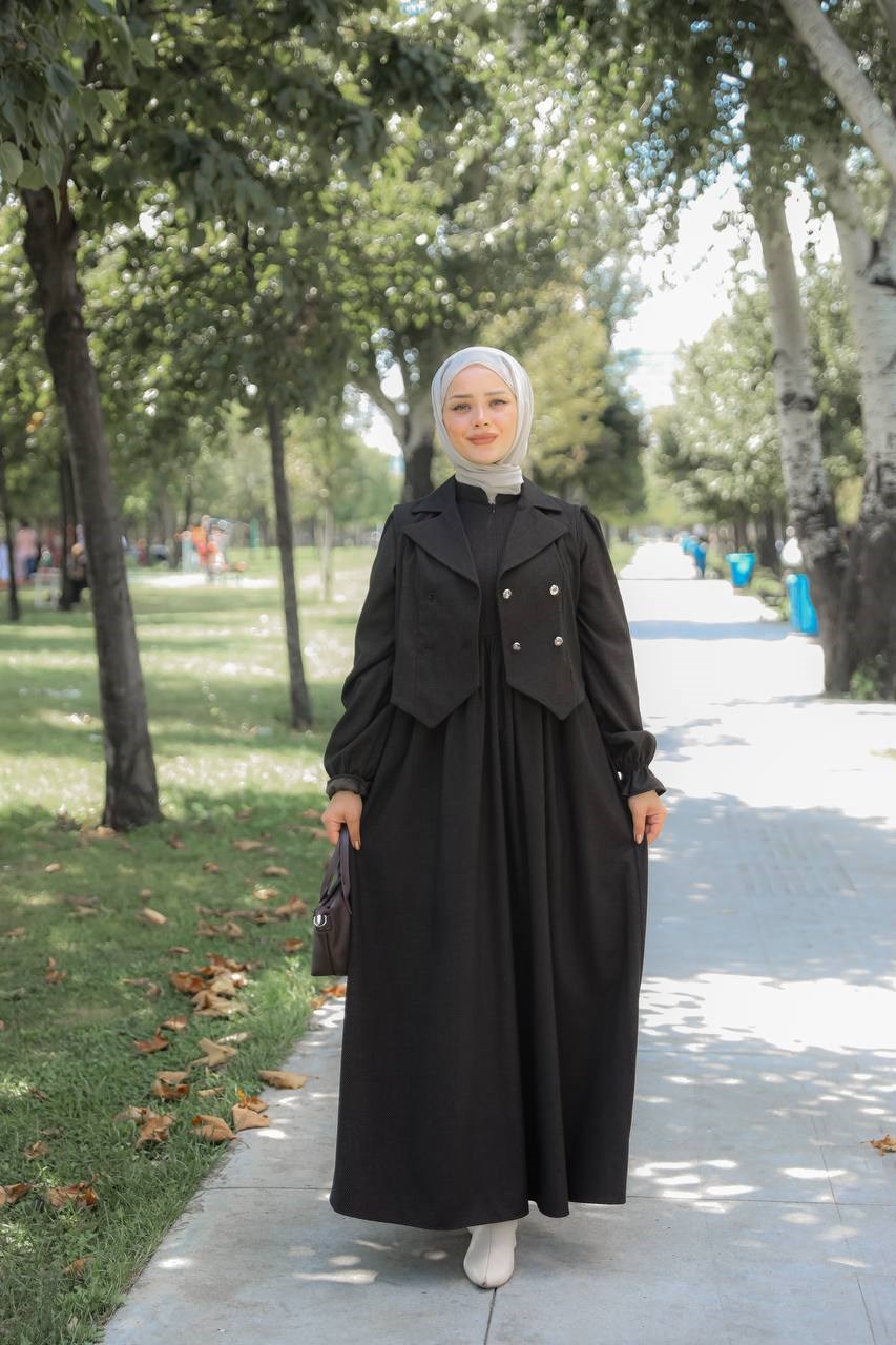7183 Kruvaze Yelekli Elbise Takımı - Siyah 