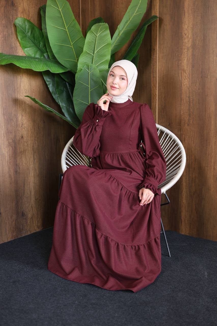 7185 Bel Kuşaklı Fırfır Kollu Elbise - Bordo 