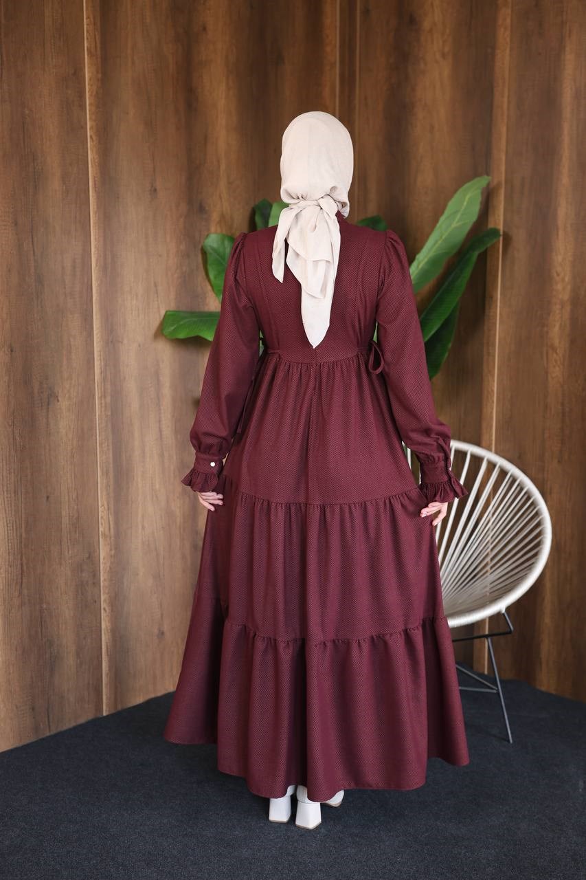 7185 Bel Kuşaklı Fırfır Kollu Elbise - Bordo 