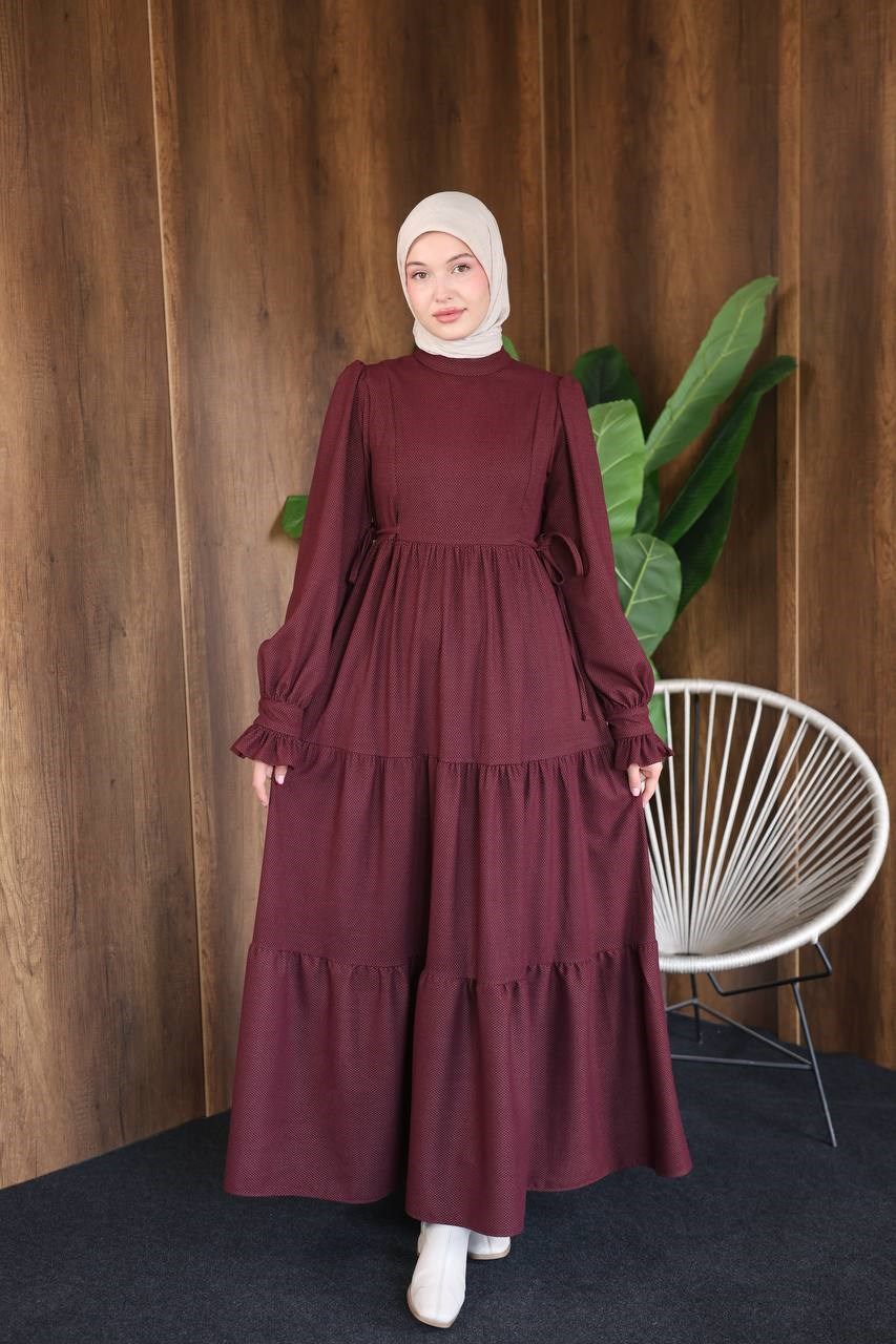 7185 Bel Kuşaklı Fırfır Kollu Elbise - Bordo 