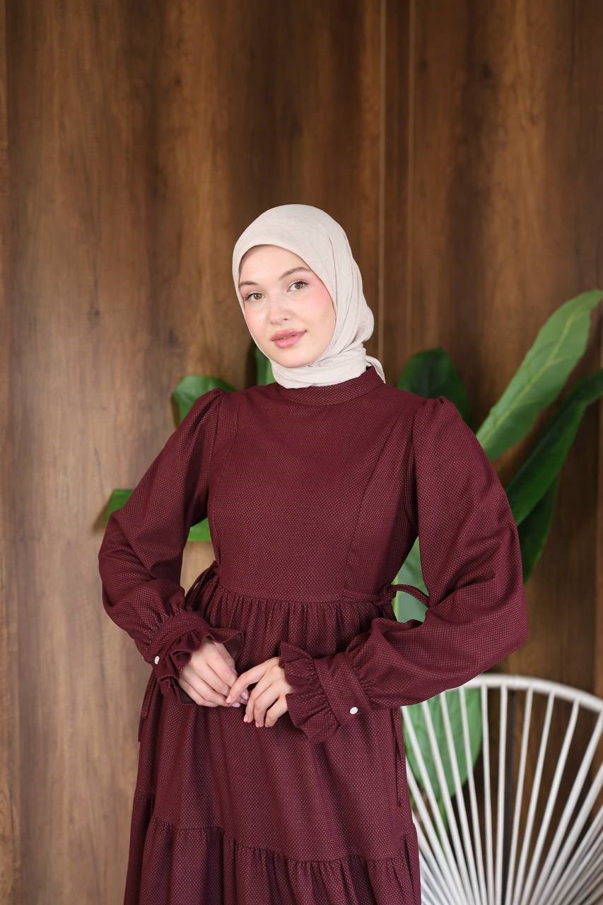 7185 Bel Kuşaklı Fırfır Kollu Elbise - Bordo 