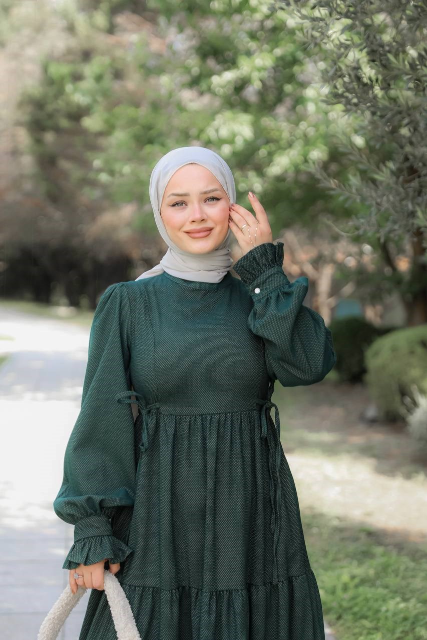 7185 Bel Kuşaklı Fırfır Kollu Elbise - Çimen yeşili 