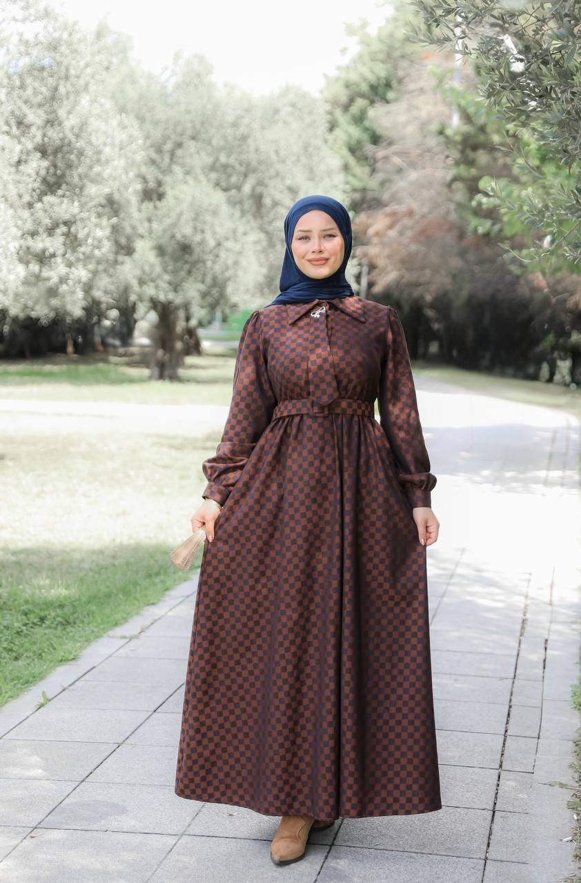7186 Kareli Kravat Elbise - Kestane