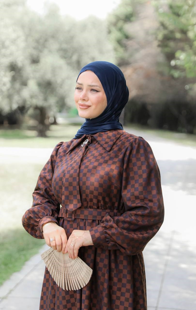 7186 Kareli Kravat Elbise - Kestane