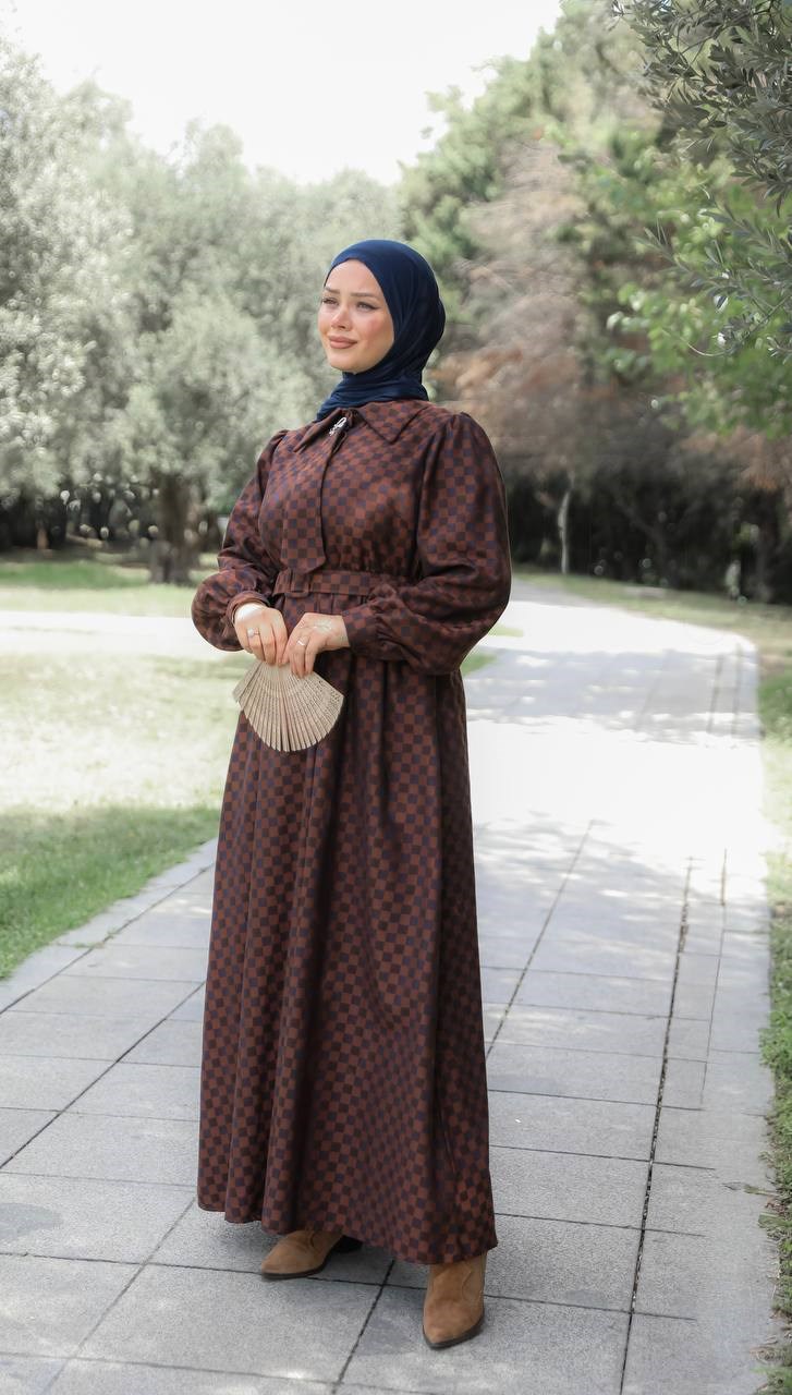 7186 Kareli Kravat Elbise - Kestane