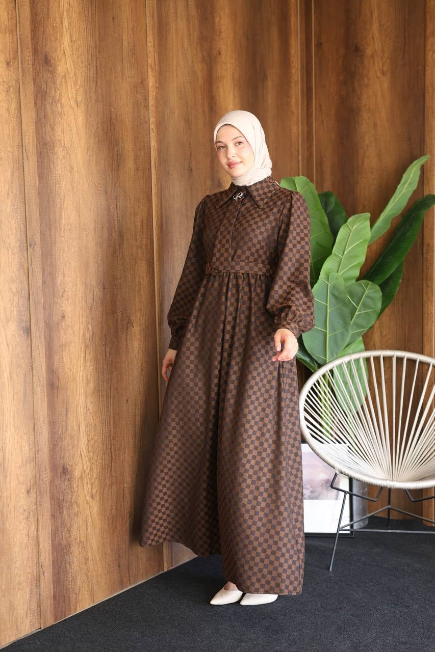 7186 Kareli Kravat Elbise - taba