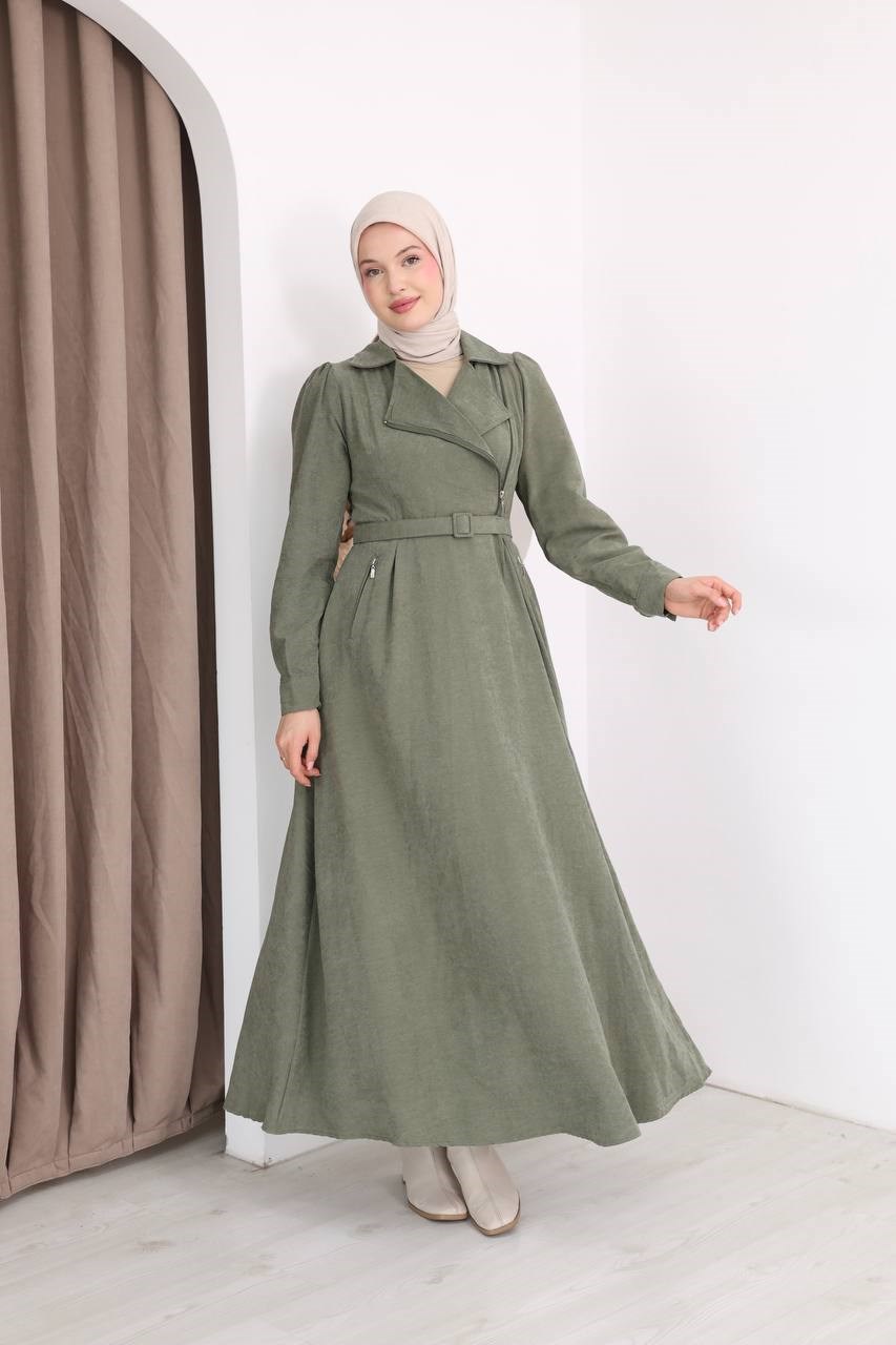 7187 Fermuar Detaylı Kemerli Elbise - Haki