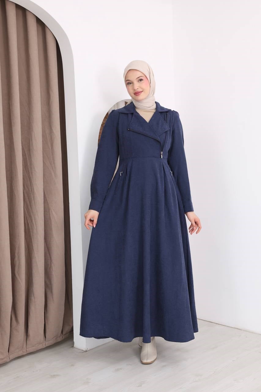 7187 Fermuar Detaylı Kemerli Elbise - Lacivert