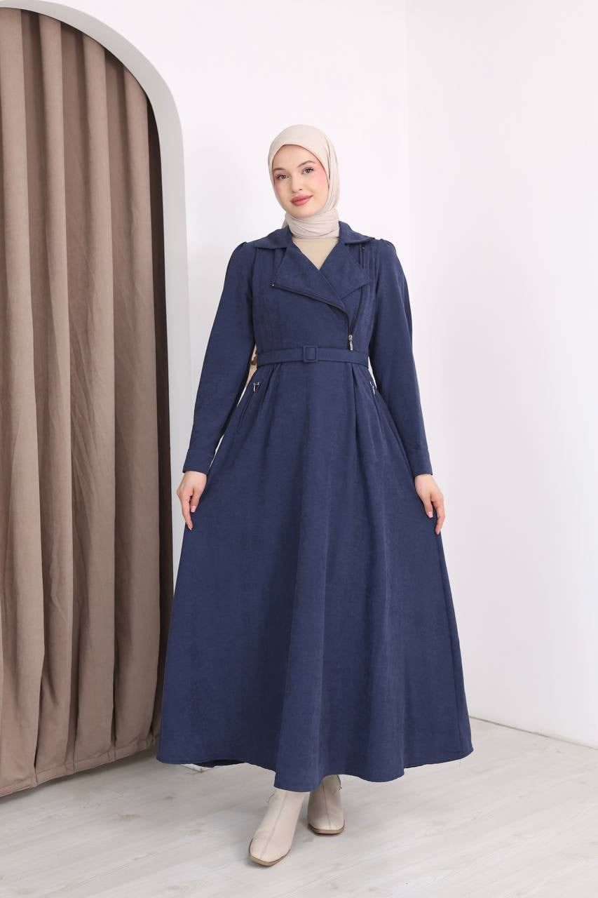 7187 Fermuar Detaylı Kemerli Elbise - Lacivert