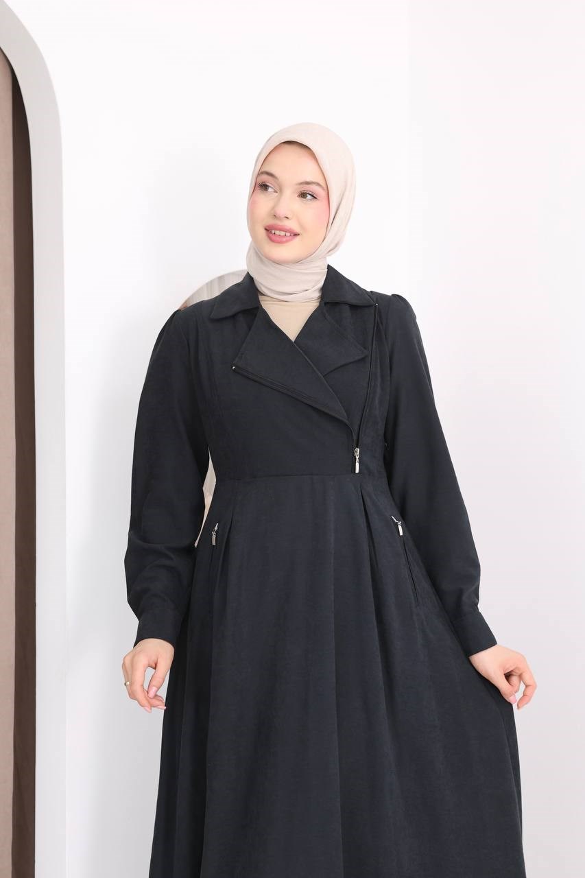 7187 Fermuar Detaylı Kemerli Elbise - Siyah