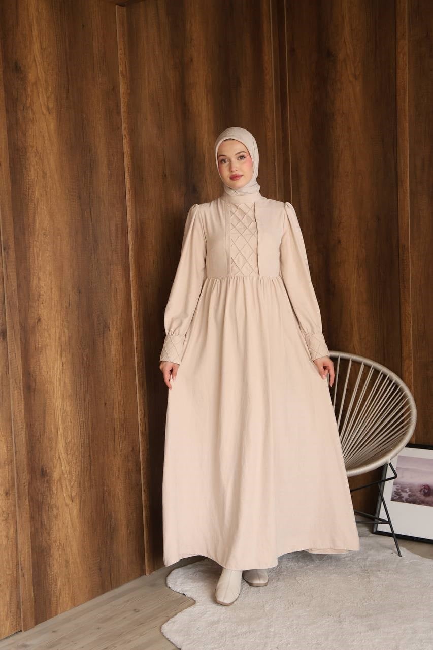 7197 Göğüs Detaylı Elbise - Bej