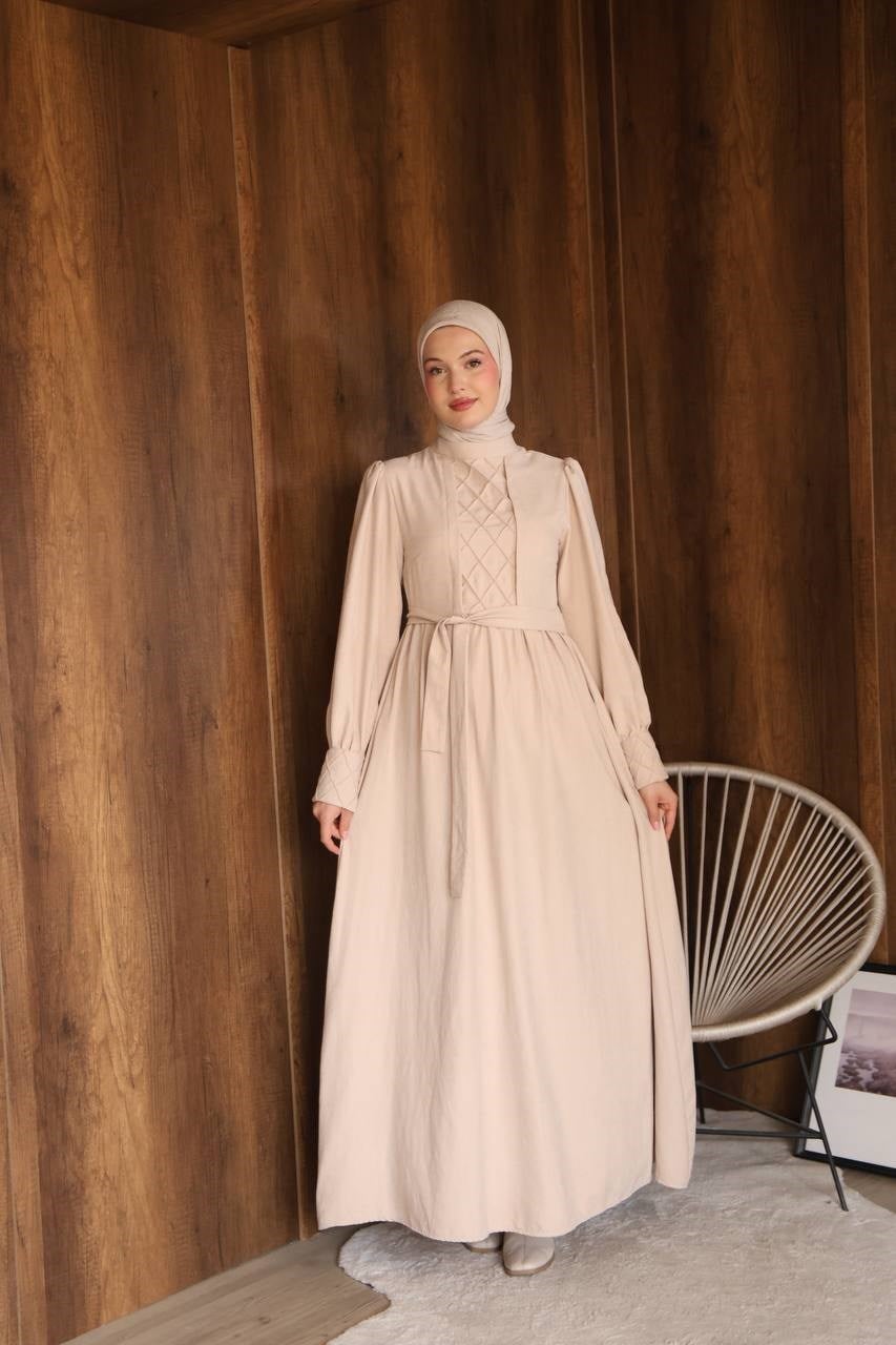 7197 Göğüs Detaylı Elbise - Bej