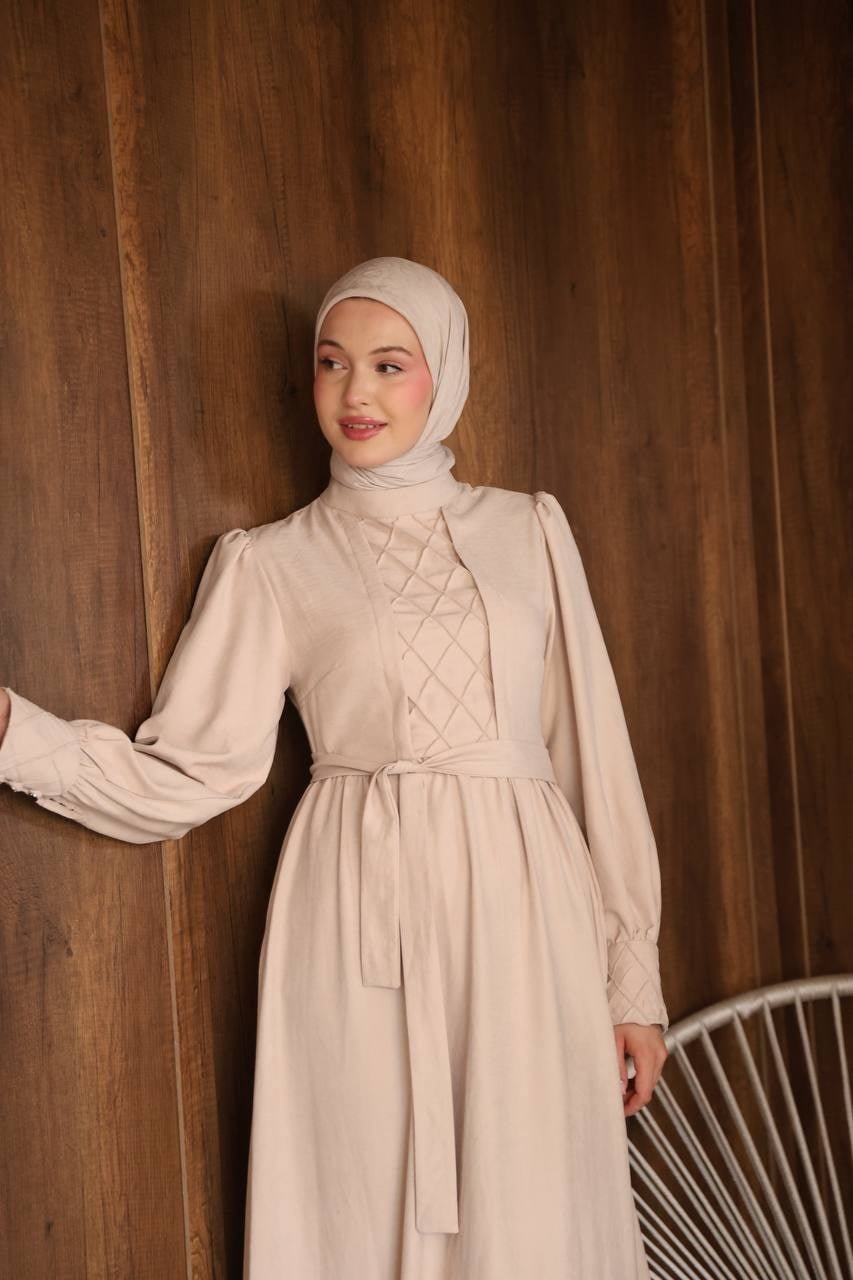 7197 Göğüs Detaylı Elbise - Bej