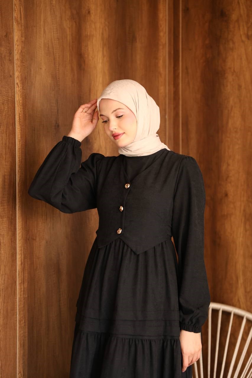 7199 Yelek Detaylı Katlı Elbise - Siyah