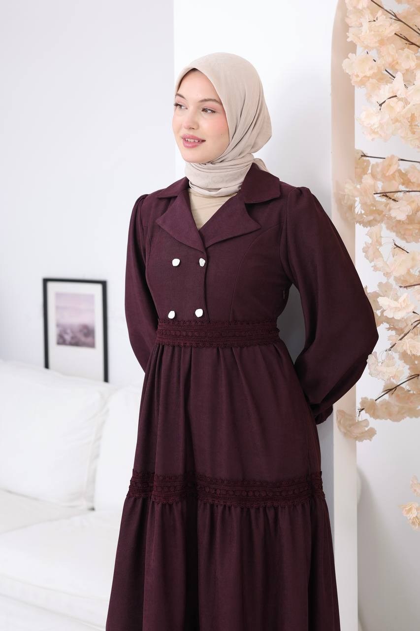 7203 Dantel Detaylı Kat Kat Elbise - Bordo