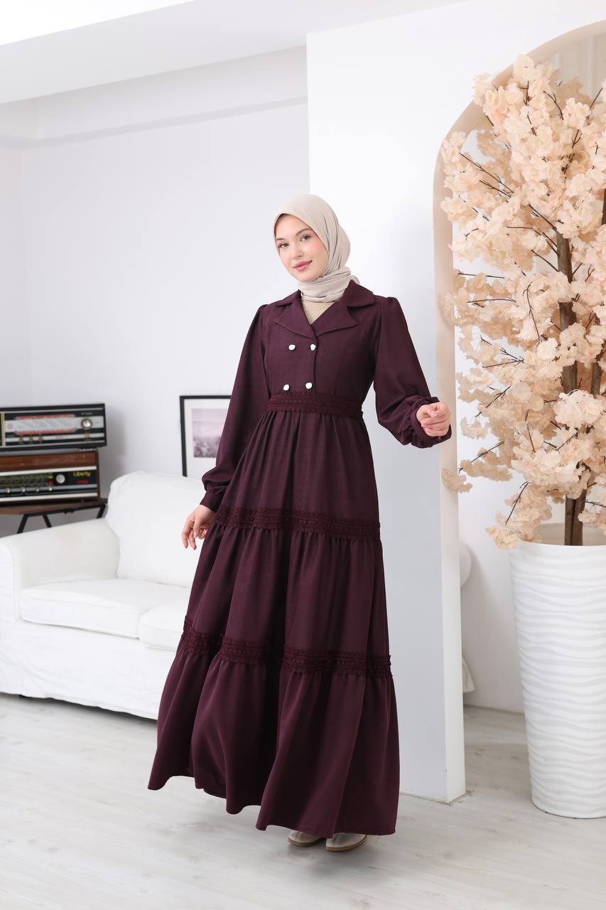 7203 Dantel Detaylı Kat Kat Elbise - Bordo