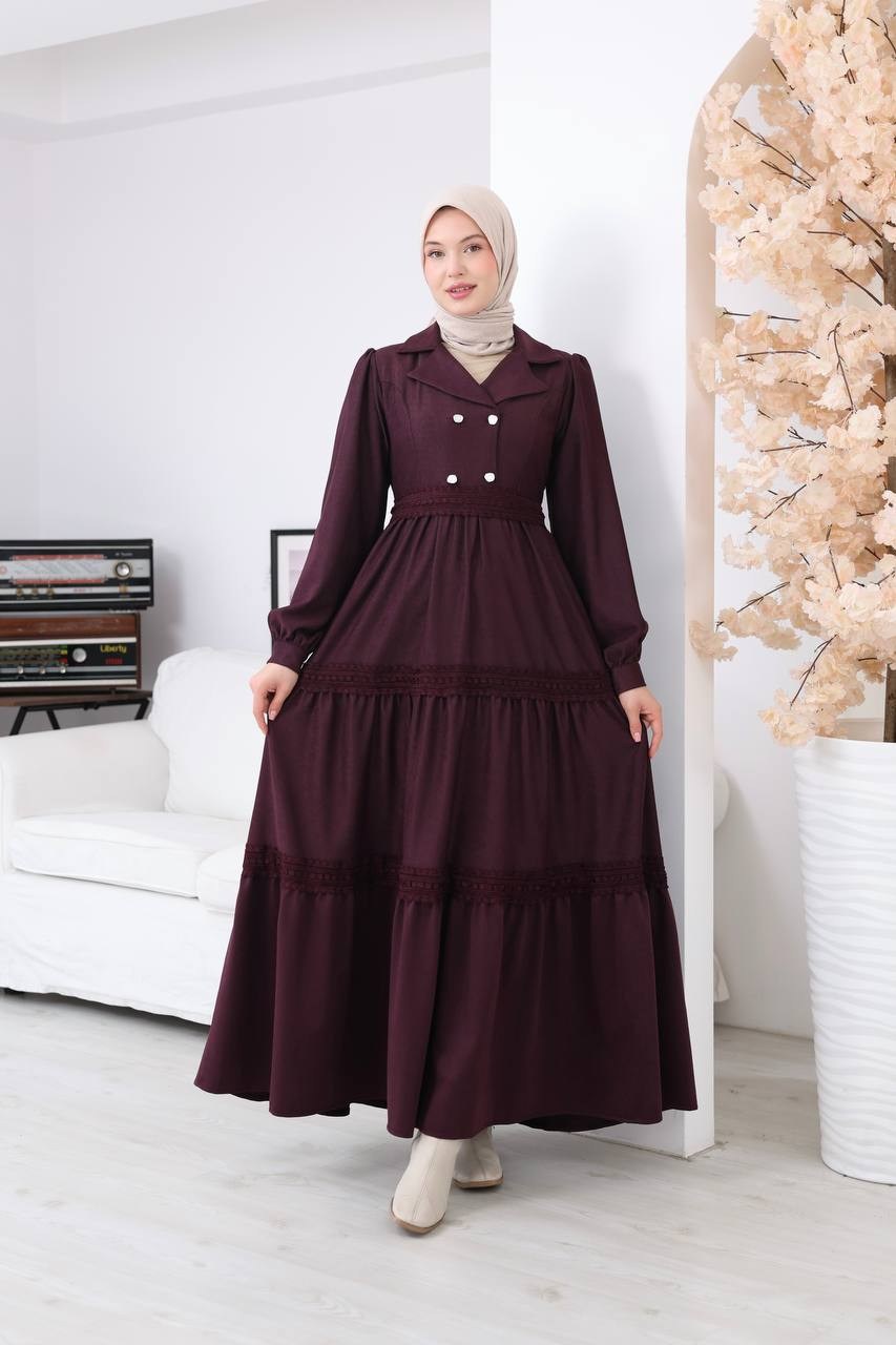 7203 Dantel Detaylı Kat Kat Elbise - Bordo