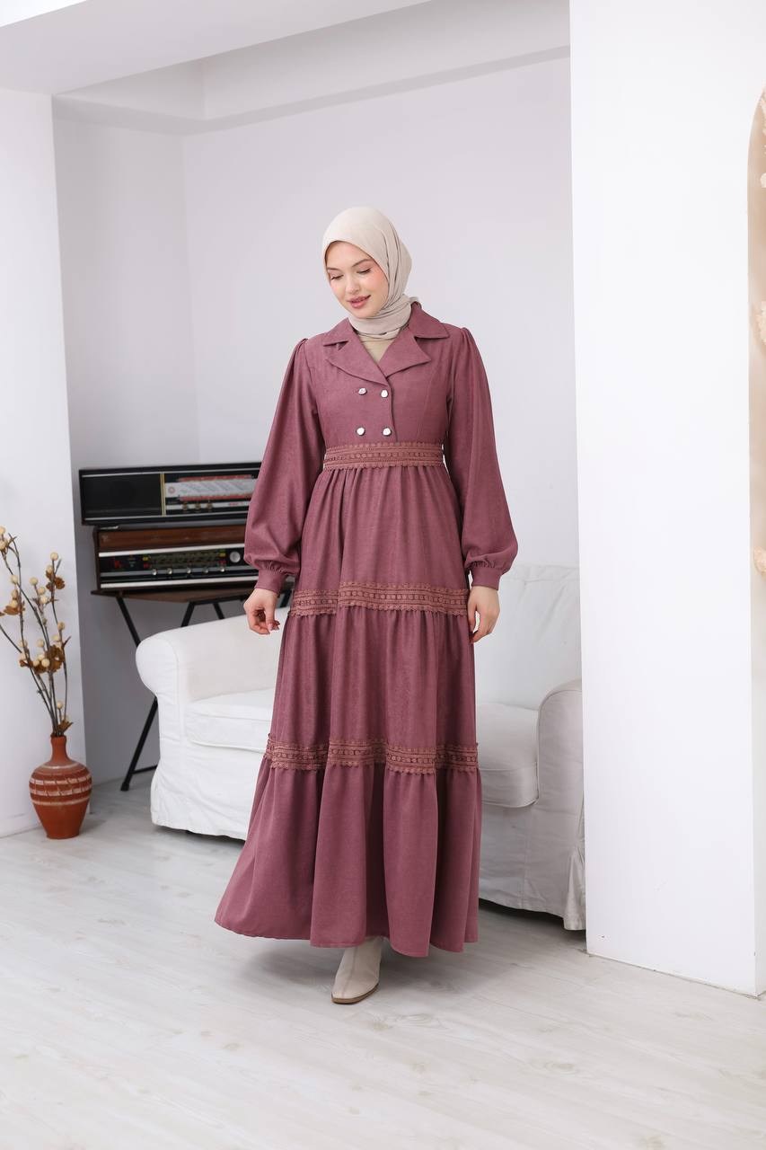 7203 Dantel Detaylı Kat Kat Elbise - Gül kurusu 