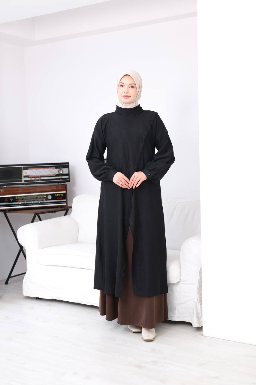 7206 Çapraz Detaylı Tunik Etek Takımı - Siyah & Kahve